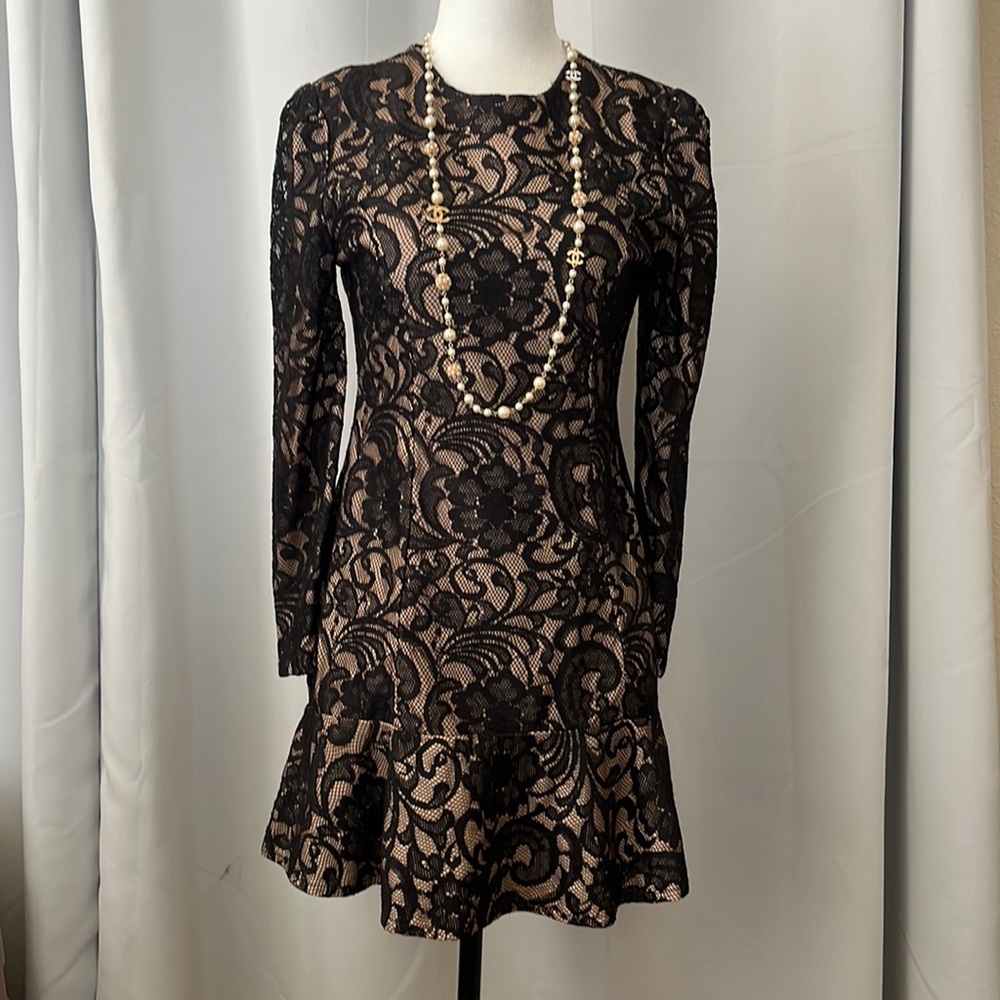Chanel style Lace sleeved dress with flared skirt